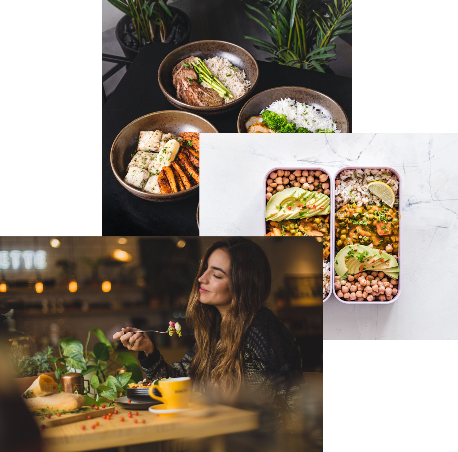 Woman enjoying meals, meals in container,and food bowls on the table